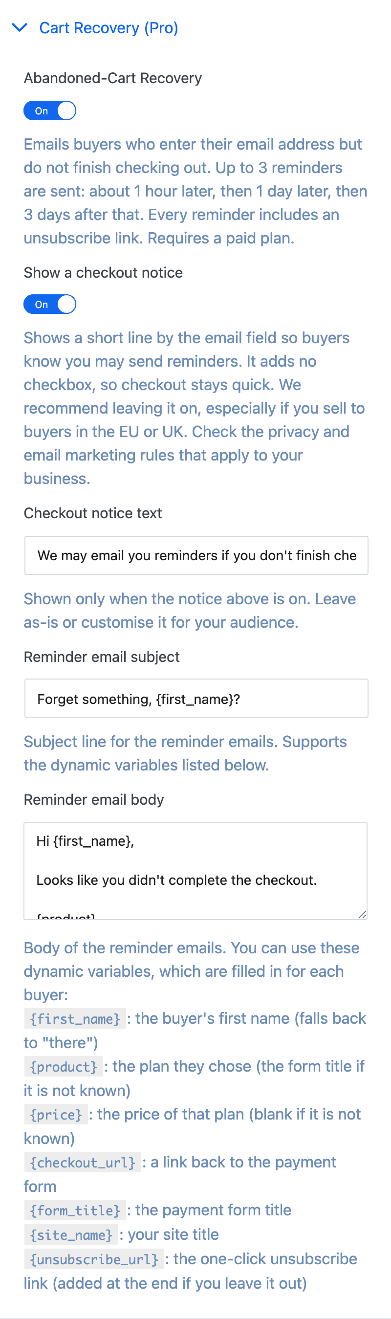 The Cart Recovery (Pro) section with reminders on and the default email
