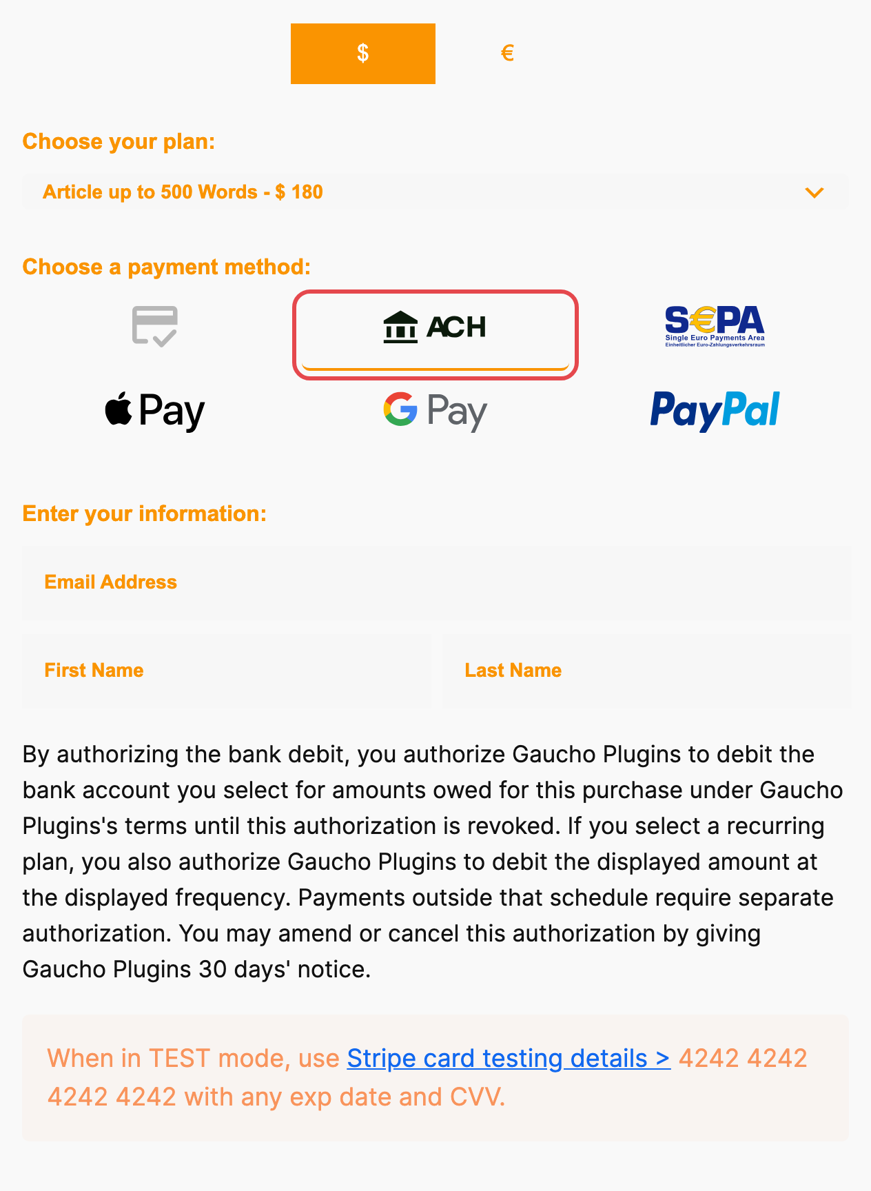 The ACH Direct Debit tab with the bank debit authorization text