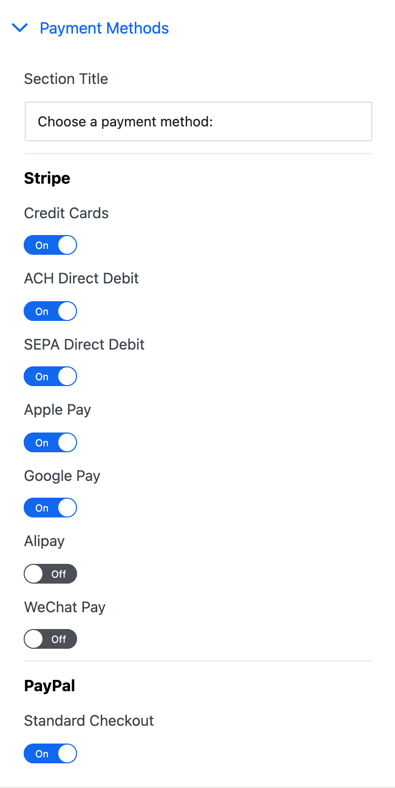 The Payment Methods section of a form, with Stripe and PayPal methods switched on or off