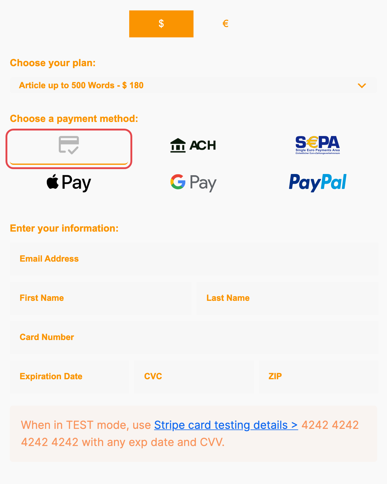 The payment method tabs on a form, with the card tab ringed