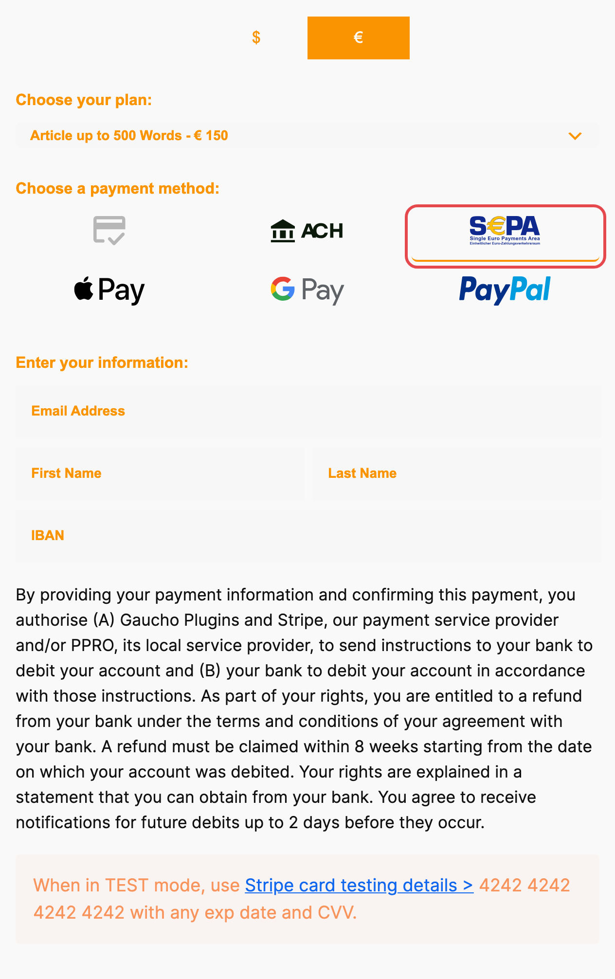 EUR chosen, with the SEPA Direct Debit tab ringed and the IBAN field and mandate below