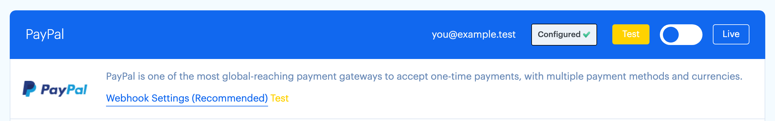 The PayPal header with the account email, Configured and the Test/Live switch