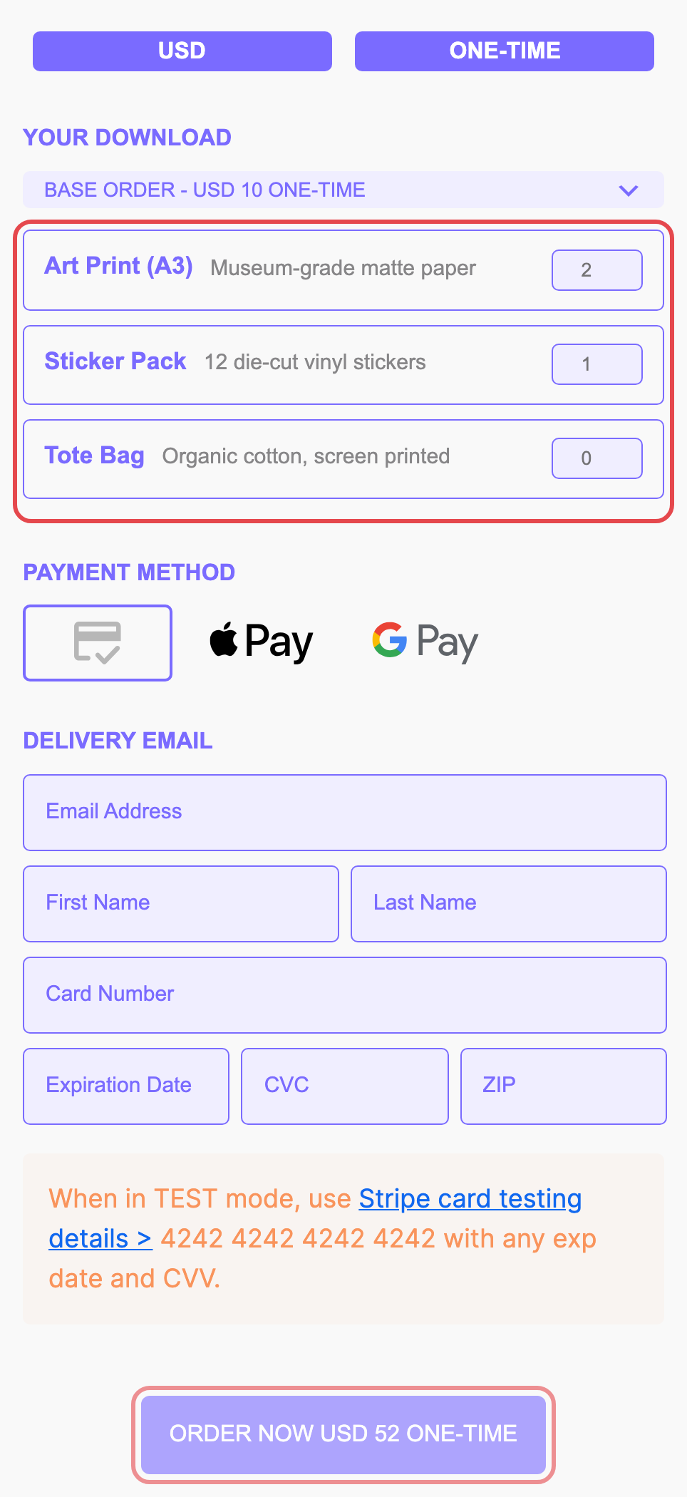 Product quantities set on a form, with the updated total on the pay button