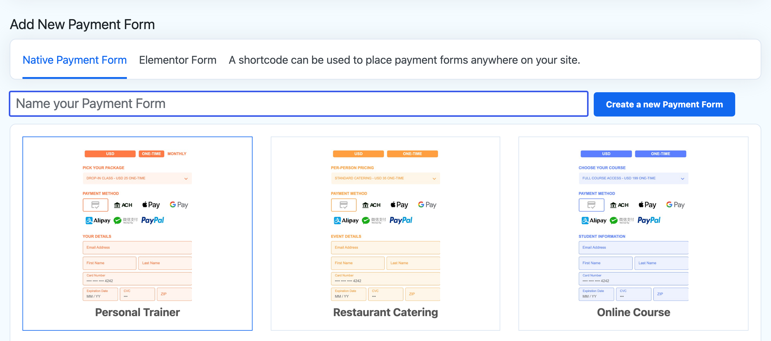 Add New Payment Form: the Native Payment Form tab, the name field, the create button and the first row of templates