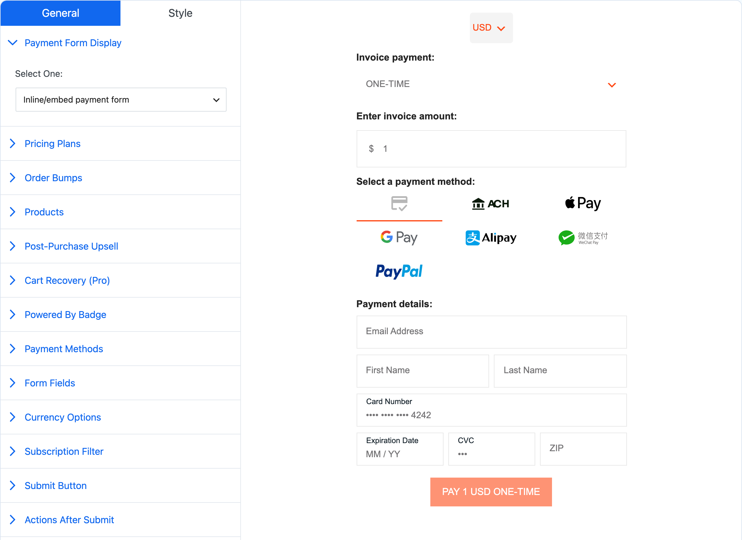 The form builder: General settings on the left and the live preview on the right