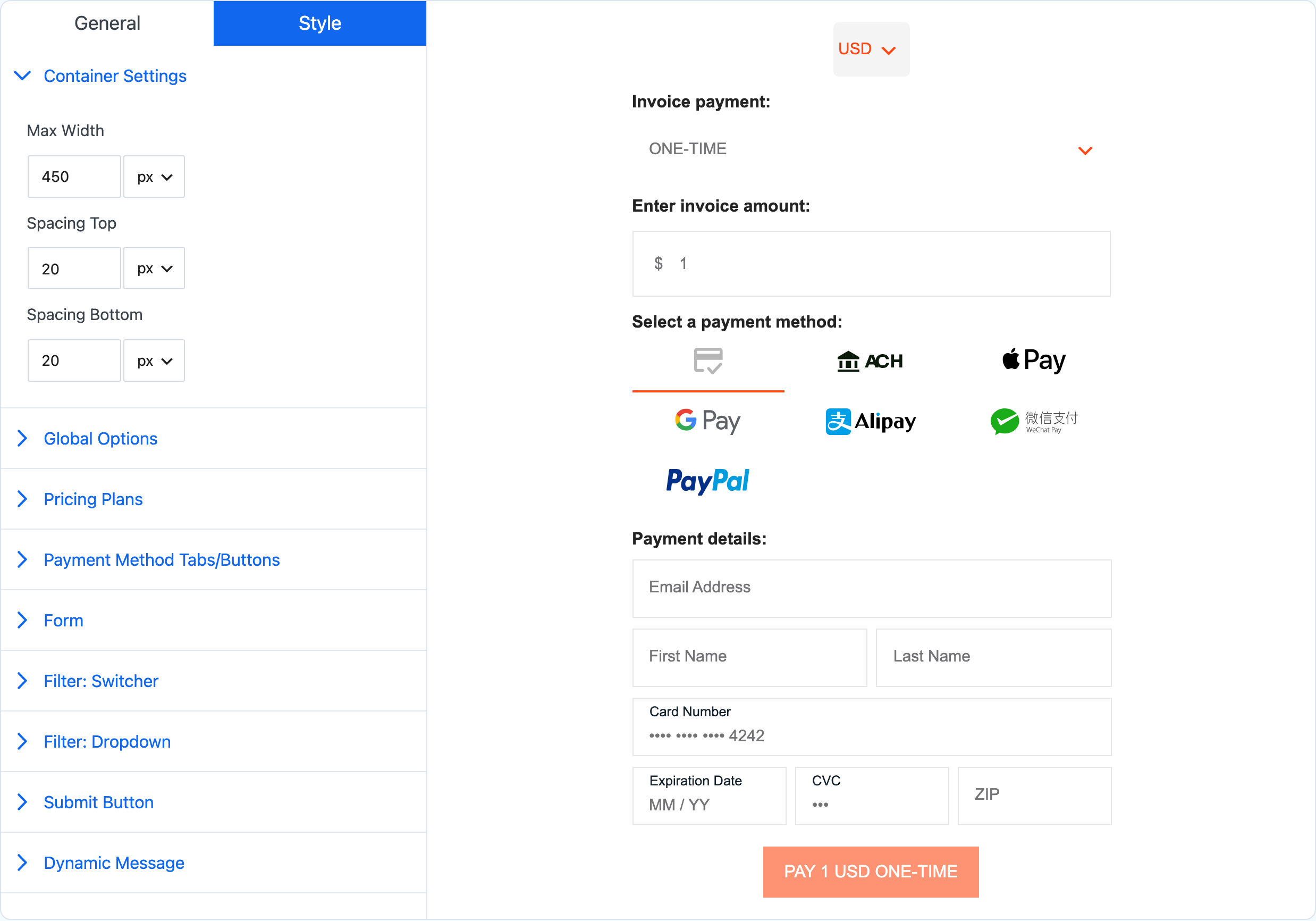 The Style tab with Container Settings open beside the live preview