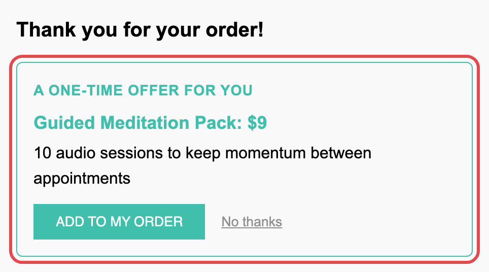The success step after a card payment, with the one-click offer ringed