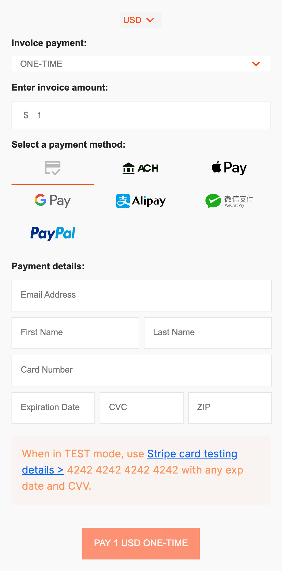 A published payment form with a currency switch, plan choice, payment methods and buyer details